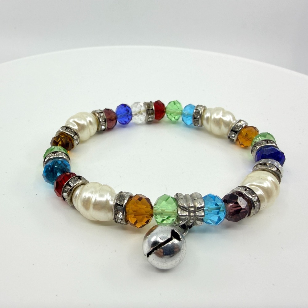 Vintage Rainbow Crystal Bead Faux Pearl Jingle Bell Stretch Bracelet Y2K